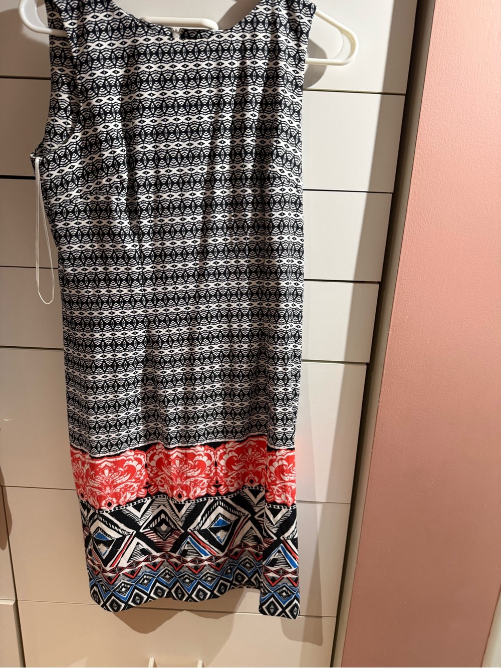 Sleeveless Printed Shift Dress with Coral Border